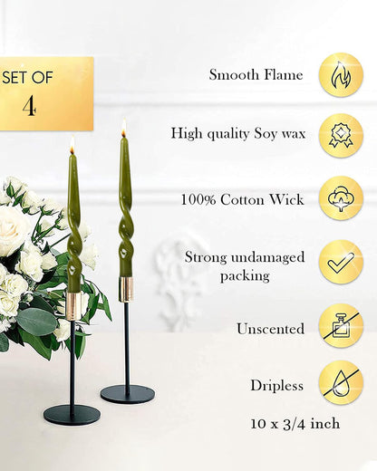LPUSA Olive Green Spiral Taper Candles Handmade Twisted Candle Conical Stick Candles for Holiday Wedding Party Wax Unscented Dinner Candle Dripless,Christmas Gift H 10 Inch, 4pcs（Olive Green）