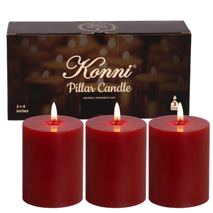 KONNI Dark Red Pillar Candles Set of 3, 3"x 4" Unscented Pillar Candles Bulk, 39 Hours Long Burning Candles, Smokeless&Dripless Large Round Candle for Wedding, Home Decoration, Parties, Spas, Dinner