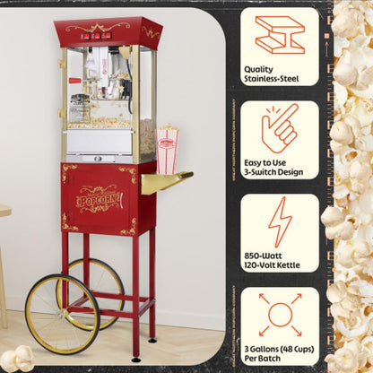 Matinee Popcorn Machine with Cart - 8oz Popper with Stainless-Steel Kettle, Warming Light, and Accessories by Great Northern Popcorn (Red)