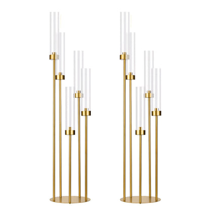 2PCS Gold Floor Candelabra,5 Arm Candle Holder Tall Floor Candle Holder with Acrylic Lampshade for Wedding Table Birthday Party Home Decoration Fit LED Taper Candles
