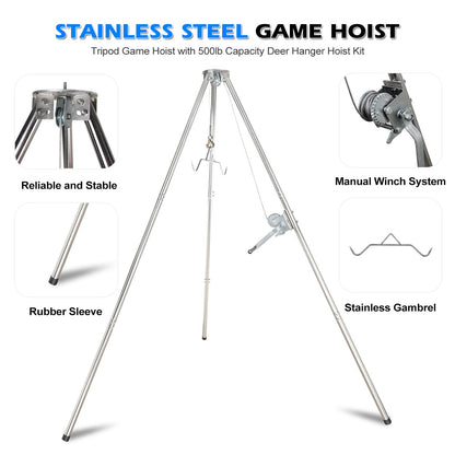 Smarkey Deer Game Hoist Tripod Deer Hanger Stainless Steel Rack Stand for Hunting Processing Cleaning Hide Skinning with 500lb Capacity Gambrel and Manual Winch - Heavy Duty