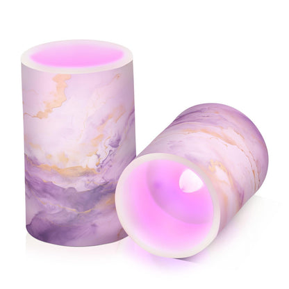 BOENLE Flickering Flameless Candles, Purple Gold Marble LED Candles with Remote Timer, Set of 2 Battery Operated Candle for Valentine Wedding Birthday
