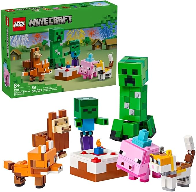 LEGO Minecraft 21281 Baby Pig’s Birthday Celebration – 351-Piece Build &amp Play Set with Creeper Baby Pig Fox Llama Cat Zombie Mobs + Buildable Cake (Ages 8+)