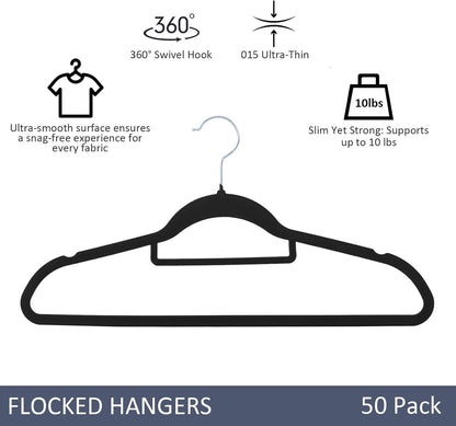 Skiennix Velvet Hangers - Premium Non-Slip Closet Organizers | Durable Ultra Thin Felt for Coats & Shirts (50 Pack, Black)