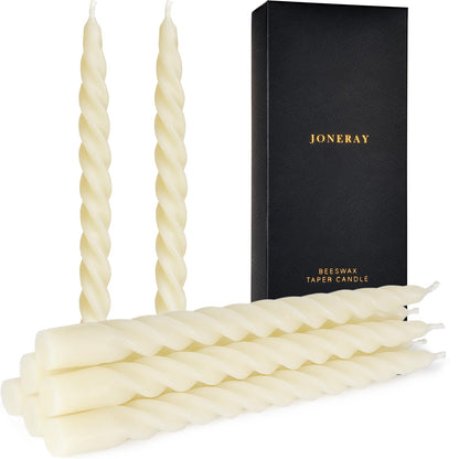 10 inch Beeswax Taper Candles Set of 8, Spiral Bees Wax Tapered Candle - 7 Hours Long Burning, Dripless Candles for Home Decor,Birthday Gift (Ivory)