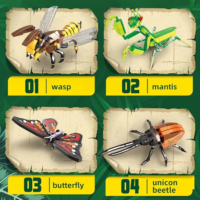 Insect Collection Building Block Set for Kids 6+ Butterfly Mantis Wasps Unicon Beetle Display Models for Nature Décor 4 Packs Bug Building Toys Fun Gift for Adults Boys Girls Nature Lovers (727PCS)