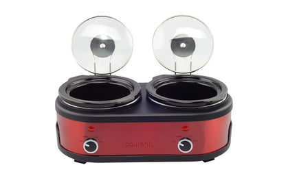 Courant 3.2-Quart Double Slow Cooker (1.6-Qt each) w/Warm Settings, Stainproof Stoneware Pots and Glass Lids – Red Stainless Steel