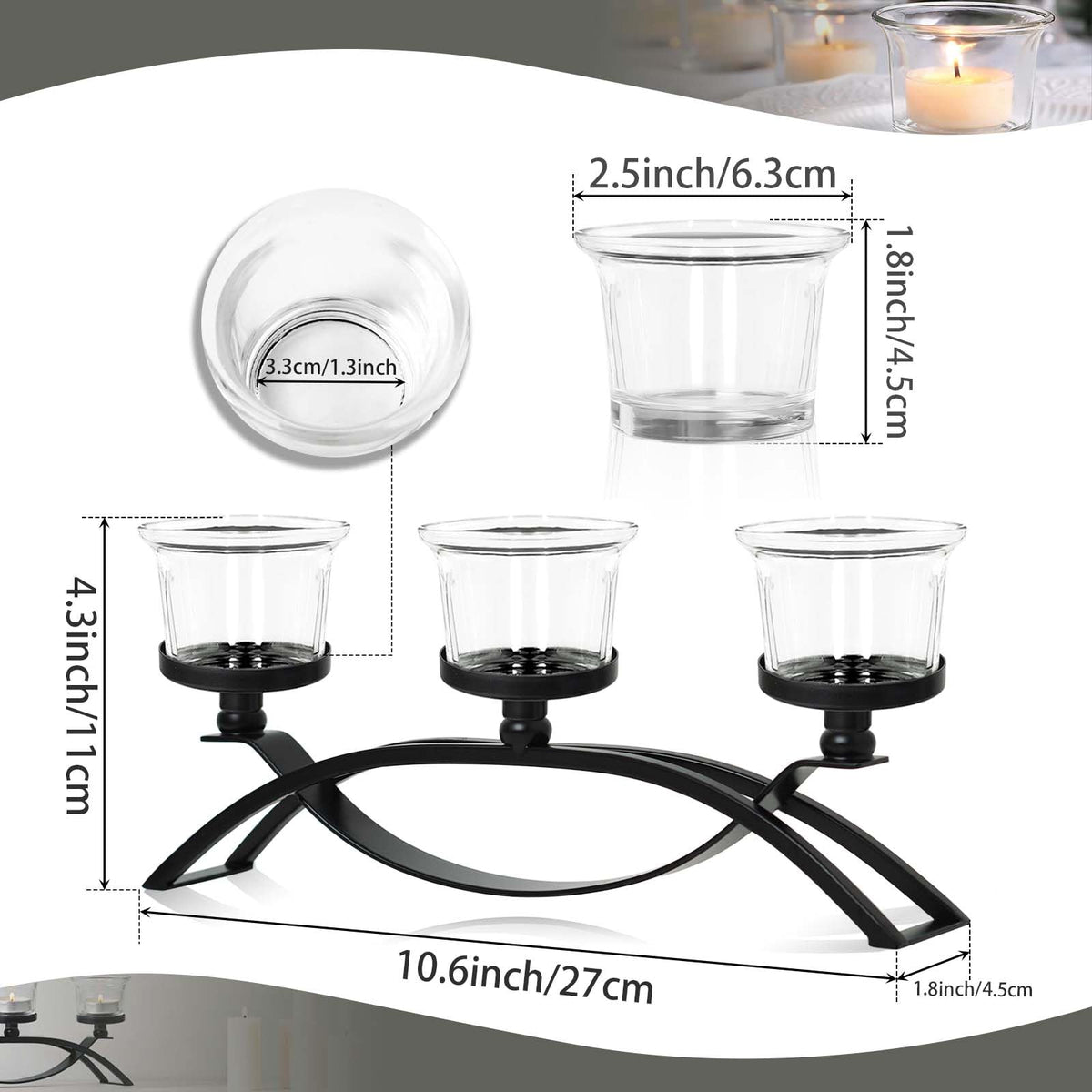 3-Arm Metal Tea Light Candle Holder Set with 5 Glass Cups, Votive Candle Holders Centerpiece Candelabra for Wedding Table Decor, Home Gatherings and Holidays (Black, 5 Cups)