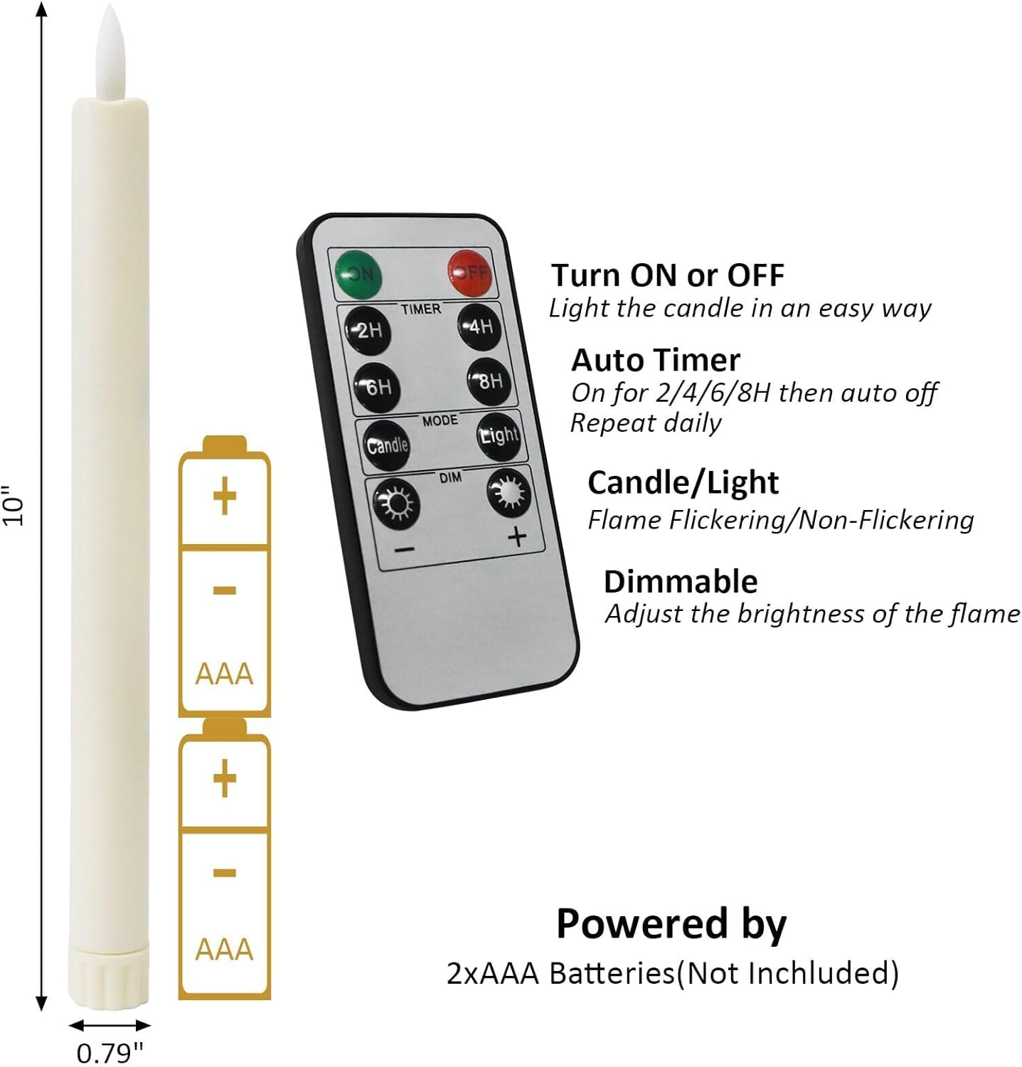 Sunjas 6PCS Flameless Taper Candles with 3D Flickering Flame Battery Operated Candles with 2 Remote with Button Cell Battery 10 Inch Ivory LED Candlesticks Window Candle for Christmas Home Decor