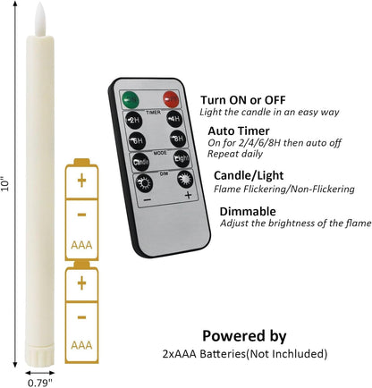 Sunjas 6PCS Flameless Taper Candles with 3D Flickering Flame Battery Operated Candles with 2 Remote with Button Cell Battery 10 Inch Ivory LED Candlesticks Window Candle for Christmas Home Decor