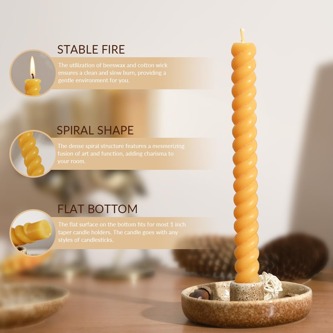 DEYBBY Natural Beeswax Spiral Candles, Dripless and Smokless 10 inch Pure Beeswax Candles Set of 12, Long Lasting Burning Candles for Anniversary Date Dinner Decor
