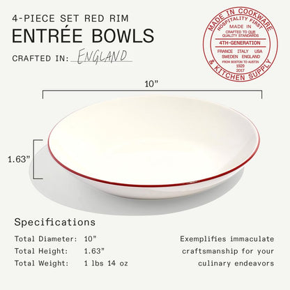Made In Cookware - Set of 4 - Entrée Bowls - White With Red Rim - Porcelain - Crafted in England