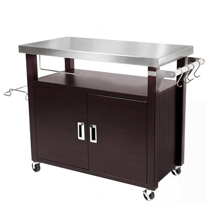 BBQMall Outdoor Grill Cart with Stainless Steel Top & Large Storage Cabinet, Movable Kitchen Island with Wheels for BBQ Food Prep, Pizza Oven Stand 39" x 20" x 35"