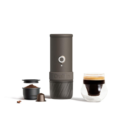 OutIn Mino with Fino, Portable Electric Espresso Machine with Portable Electric Coffee Grinder (Brown & Brown)