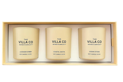 The Villa Co - 3 Candle Luxe Box Gift Set | Ocean Stone | Lavender Ember | Coastal Santal | 3.5oz Each | Poured in The USA |