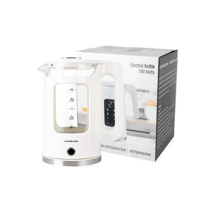 Epsilon 1.7L Glass Electric Kettle – Hot Water Tea Kettle with LED Light, Stainless Steel & Borosilicate Glass, Auto Shut-Off, BPA-Free Electric Teapot, 1100W Fast Boil, Cool Touch