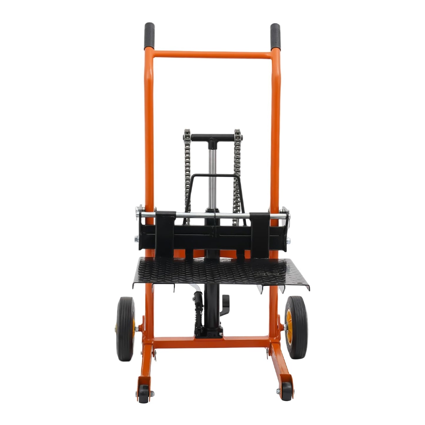 BRICZUNA Hydraulic Material Lift Pallet Truck Dolly Adjustable Forklift Stacker Pallet Jack Hydraulic Material Lift Winch Stacker for Workshops & Warehouses, Tangerine (35.43" H, Max. Load 577 Lbs)