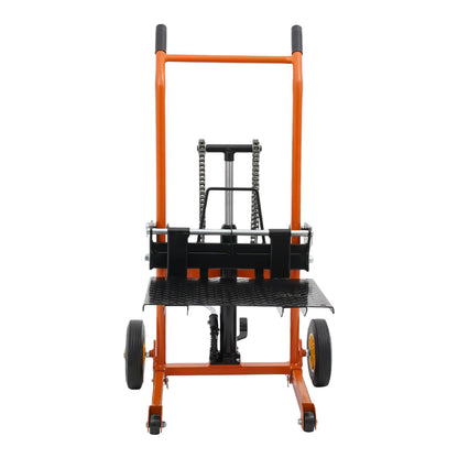 BRICZUNA Hydraulic Material Lift Pallet Truck Dolly Adjustable Forklift Stacker Pallet Jack Hydraulic Material Lift Winch Stacker for Workshops & Warehouses, Tangerine (35.43" H, Max. Load 577 Lbs)