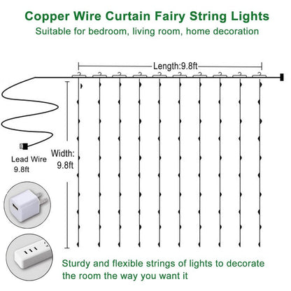 300 LED Curtain String Lights, Fairy String Lights with 8 Light Modes & Remote Controlled, 9.8x9.8ft Indoor Outdoor String Lights for Christmas, Weddings, Party, Bedroom, Wall, Window (Warm white)