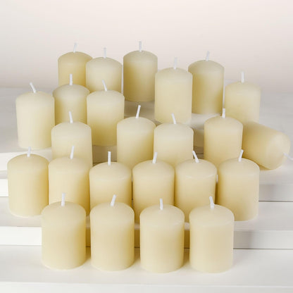 TELOSMA Pure Beeswax Candles Unscented - Natural Votive Candles Smokeless - Drippless Mini Beeswax Pillar Candle for Home, Restaurants, Parties Decorations -Pack of 24, Off White