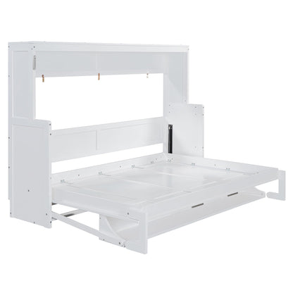 Ball & Cast Murphy Bed Full Size Hideaway Beds with Hydraulic Lift & Desk Design,Industrial Multifunction Wood Wall Cabinets Bedframe W/Hardware Chain,Space-Saving for Apartment,White