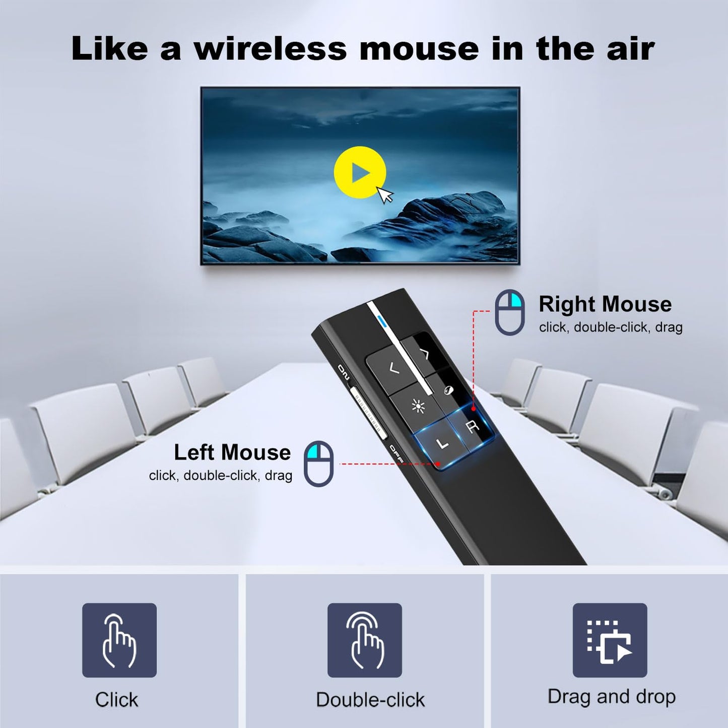 Norwii N99 Air Mouse Presentation Clicker with Pointer, Rechargeable Clicker for PowerPoint presentations, PowerPoint Clicker, Presentation Remote, Wireless Presenter, Handle Mouse - Black
