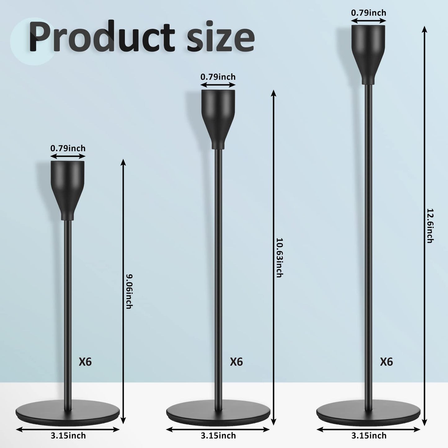 Set of 18 Tall Candlestick Holders Thin Metal Taper Candle Holders for Table Centerpiece Modern Decorative Pillar Candle Sticks Stand for Home Wedding Christmas Decoration(Black)