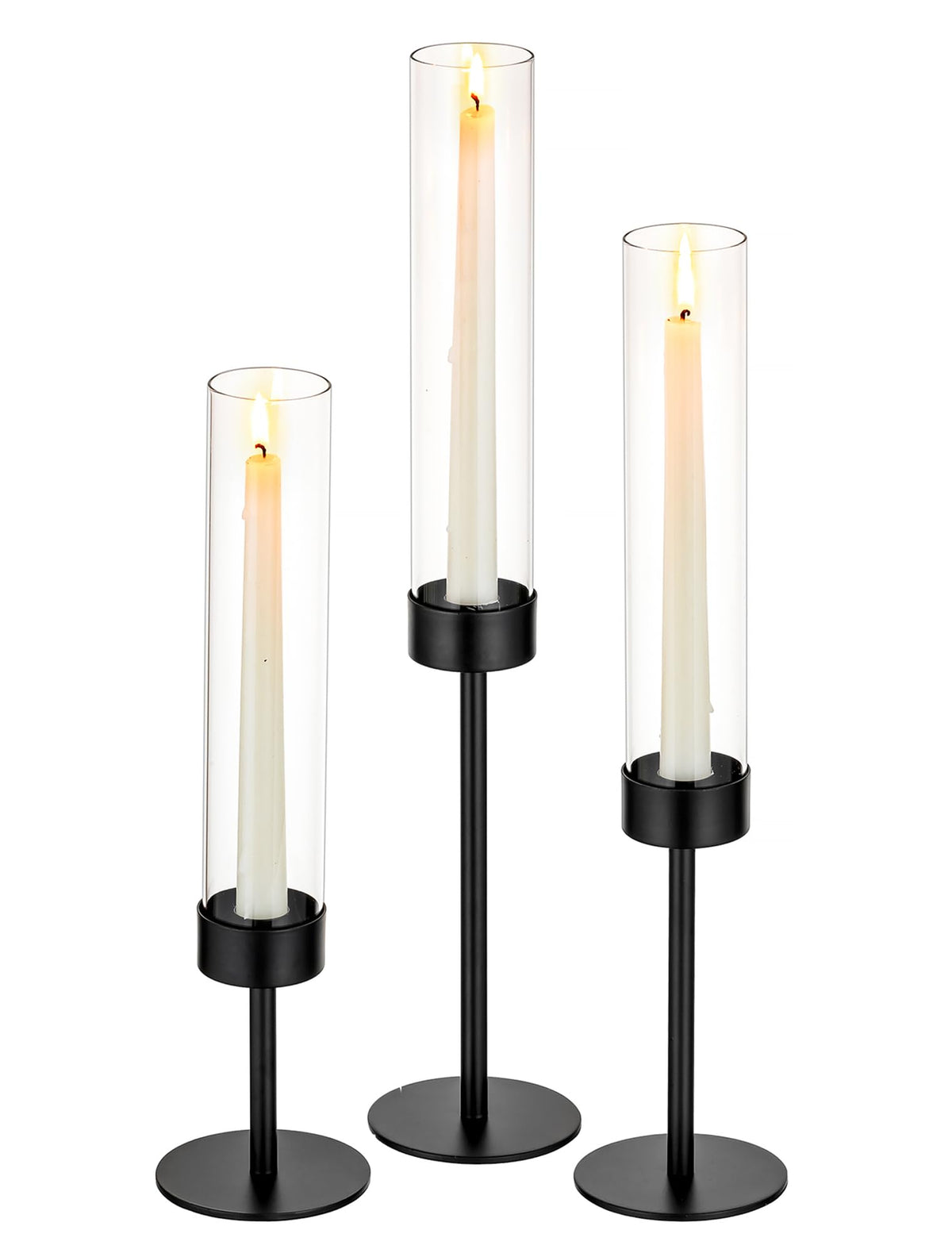 Romadedi Black Candlestick Holders Hurricane - Metal Taper Candle Holder Tall Windproof Glass Cylinder for Indoor Outdoor Table Centerpiece Christmas Halloween Modern Home Decor Set of 3