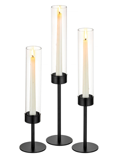 Romadedi Black Candlestick Holders Hurricane - Metal Taper Candle Holder Tall Windproof Glass Cylinder for Indoor Outdoor Table Centerpiece Christmas Halloween Modern Home Decor Set of 3