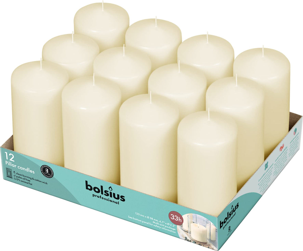 BOLSIUS Set of 12 Ivory Pillar Candles - 2.25-x 4.75 Inch Unscented Dripless Clean Burning Dinner Candle -Wedding Parties Special Occasions