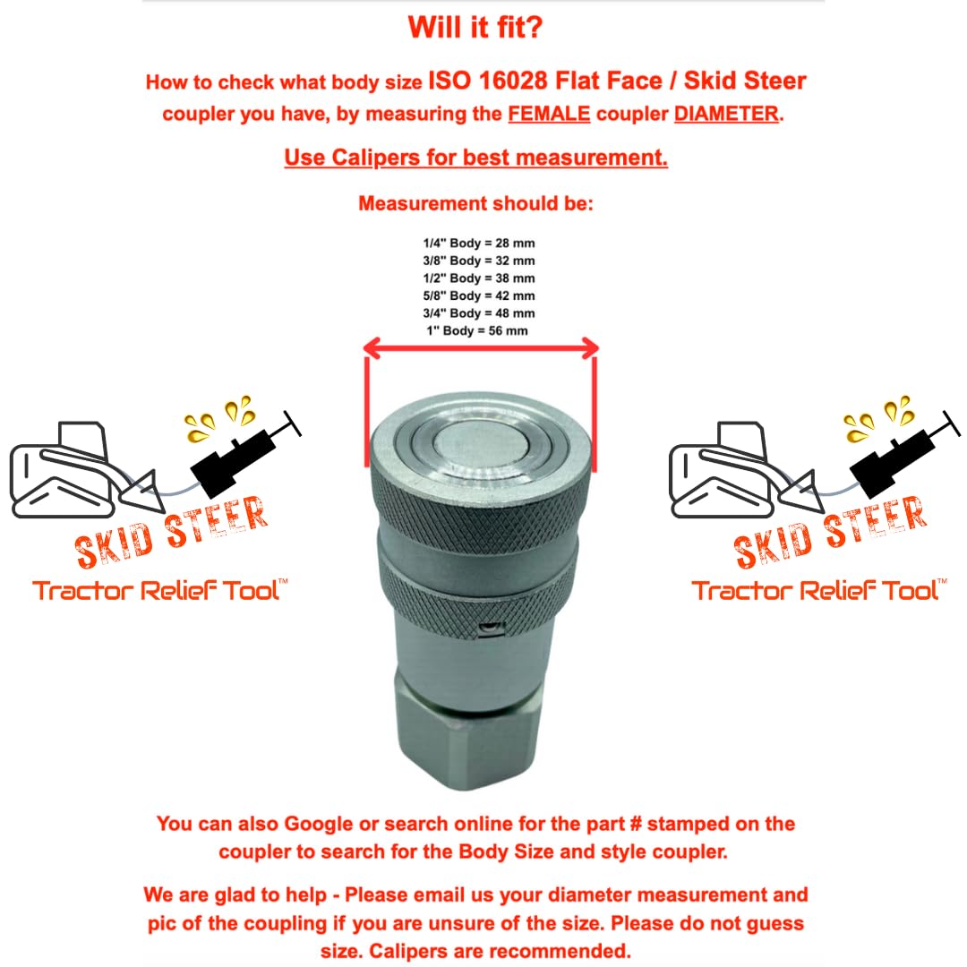 1/2" ISO 16028 Flat Face Skid Steer Female Hydraulic Quick Coupler Pressure Decompression Relief Release Tool by Tractor Relief Tool™