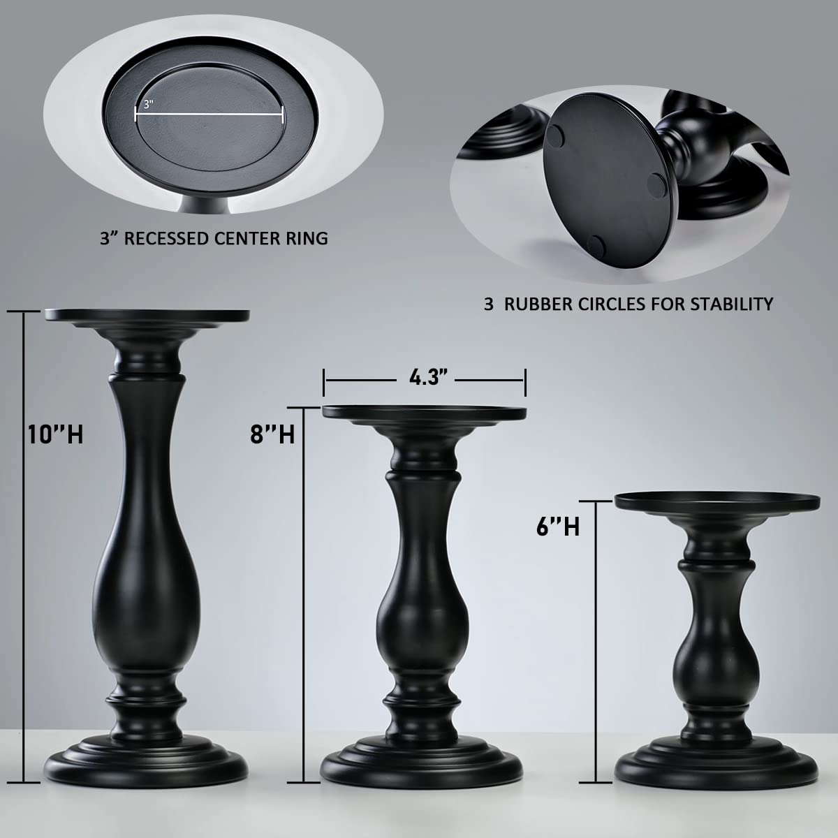Matte Black Pillar Candle Holders Set of 3-10", 8", 6”H Candlestick Candle Holders Stand, Home Coffee Table Decor Decorations Centerpiece for Dining/Living Room
