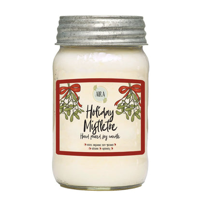 Aira Soy Candles - Organic, Kosher, Vegan, in Mason Jar w/Therapeutic Essential Oils - Hand-Poured 100% Soy Candle Wax - Paraffin Free, Burns 110+ Hours - Holiday Mistletoe Christmas Candle - 16 Oz