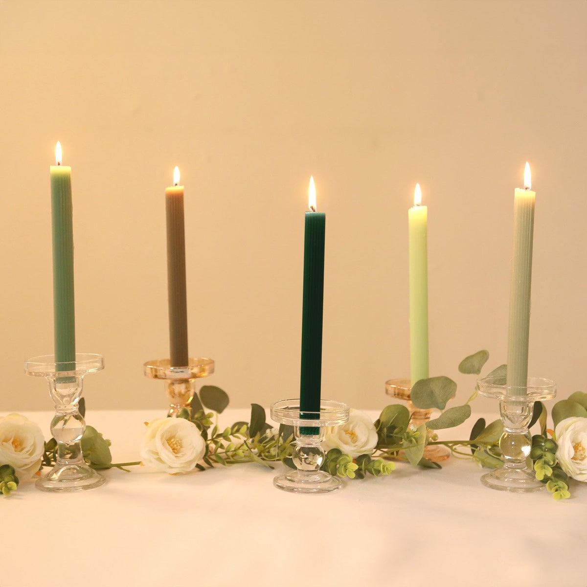 Efavormart 5 Pack 9" Mixed Sage Green Ribbed Unscented Taper Candles, Textured Ribbon Wax with Cotton Wick for Modern Centerpieces and Home Decor