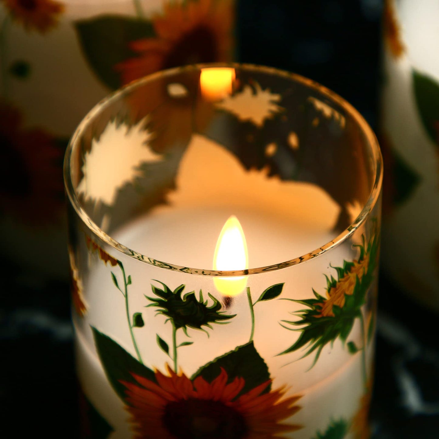 Eywamage Sunflower Glass Flameless Candles with Remote, Flickering Battery LED Pillar Candles Spring Home Table Decor Set of 3