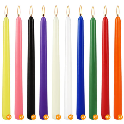 30-Pack 10-Color Taper Candles - 10 Inch Dripless & 10-Hour Burn｜Wedding/Birthday/Home Decor with Premium Wax