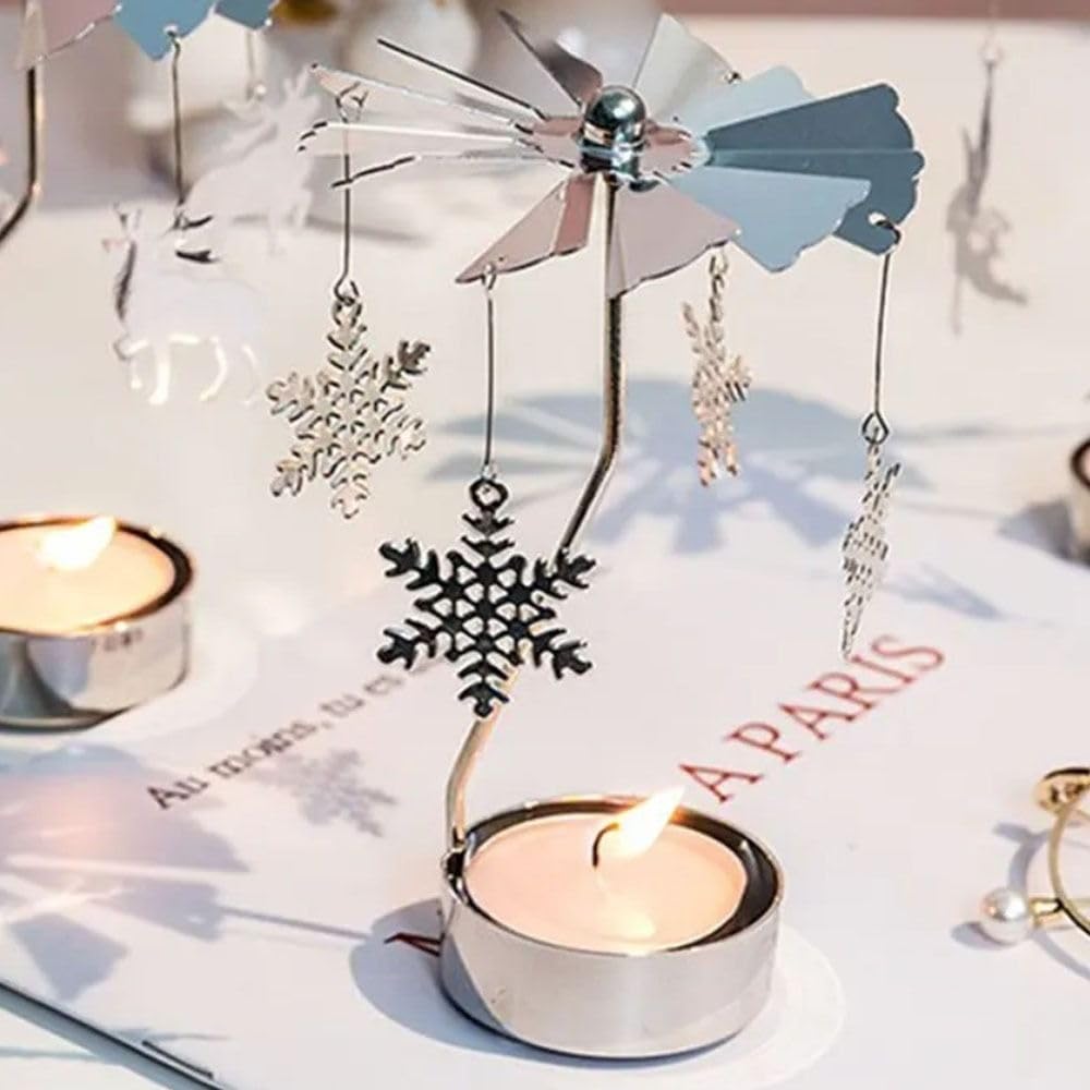 Rotating Candle Holder, Romantic Metal Tealight Candlestick Spinner Carousel Candle Tea Light Holder for Christmas Home Decor(Carousel,Silver)