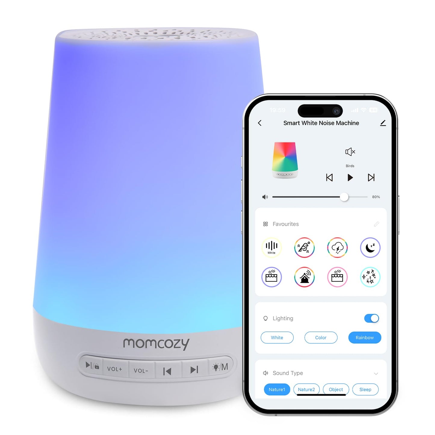 Baby Sound Machine, Momcozy White Noise Machine for Baby Sleeping with Night Light, Toddler Sleep Trainer with 34 Soothing Sounds, Timer, App Remote Control, Personal Sleep Routine (Blue)