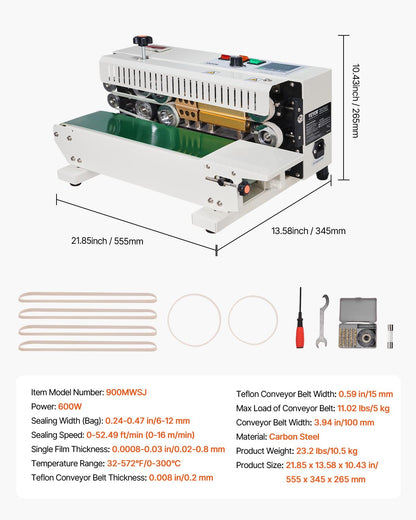 VEVOR Continuous Bag Band Sealing Machine FR900K Band Sealer Machine with Digital Temperature Control Horizontal Bag Sealer for 0.02-0.08 mm Plastic Bags Continuous Band Sealer w/Printing Function