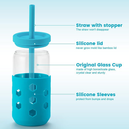 Mrsdry 16 oz Glass Cups With Lids and Straws, 4-Pack Iced Coffee Cup - Smoothie Cup With Silicone Lid and Sleeve for Coffee Bar Accessory, Cute Drinking Glasses Set Reusable Glass Tumbler for Gifts