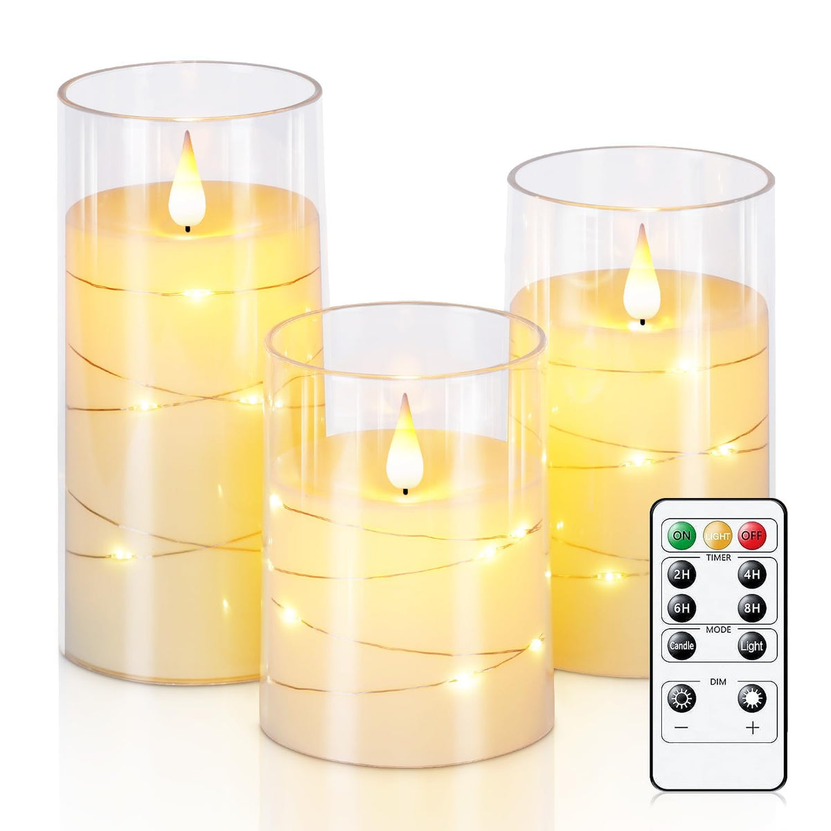 Homemory Flickering Flameless Candles with String Lights, Battery Operated Candles, Embedded String Lights LED Candles, Unbreakable Plexiglass Candle with Remote, Set of 3, Ivory White