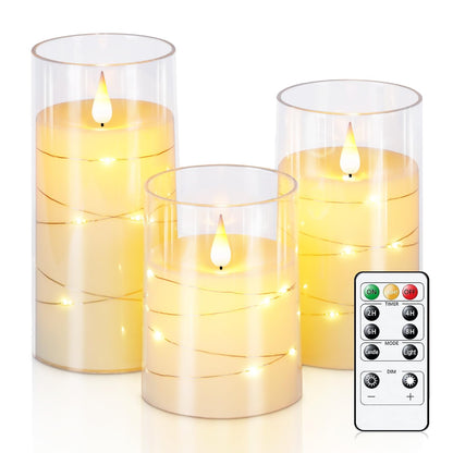 Homemory Flickering Flameless Candles with String Lights, Battery Operated Candles, Embedded String Lights LED Candles, Unbreakable Plexiglass Candle with Remote, Set of 3, Ivory White