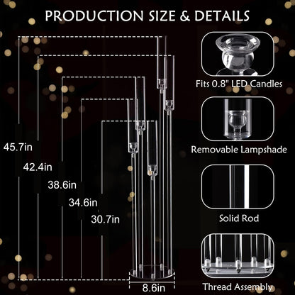 Fullvaseer 4pcs 5 Arm Acrylic Candelabra,Clear Candle Holder for Wedding,45.7inch Tall Floor Candle Holders for Ceremony Birthday Party Home Decoration Fit 0.8 LED Candles