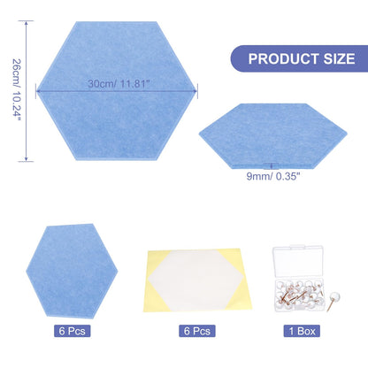 PATIKIL Felt Bulletin Board, 12"x10", 6 Packs Self Adhesive Hexagon Felt Tiles for Sound Proofing Wall Panels for Home Office Recording Studio,Game Room, Light Blue