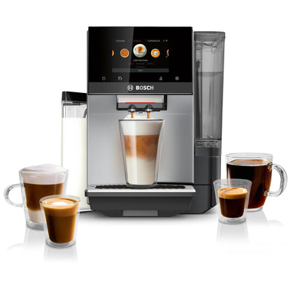 Bosch Fully Automatic Coffee and Espresso Machine - 36 Drinks, Double Cup Barista Style Super Coffee Maker - Touchscreen, Large Bean Capacity - Easy Clean, Maintenance - Silver - TQU60307
