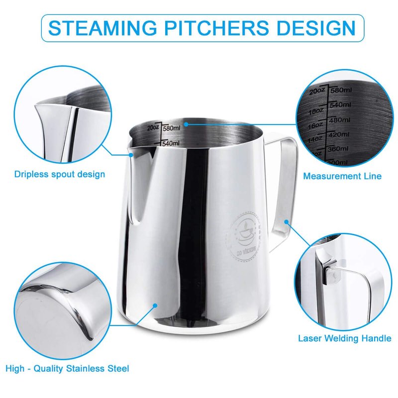 Milk Frothing Pitcher 20oz,Espresso Steaming Pitchers 600ml,Espresso Machine Accessories,Milk Frother cup 20 Oz, Coffee Cappuccino Latte Art,Stainless Steel Jug Cup with Decorating Art Pen