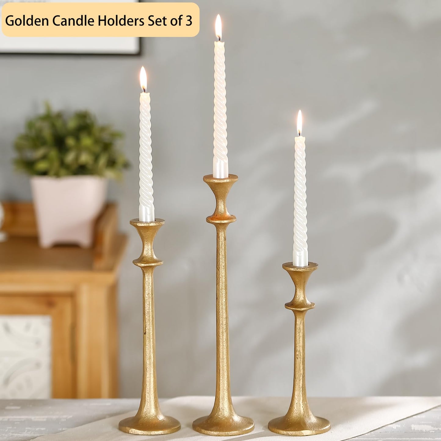 Wenbery Gold Taper Candle Holders Set of 3, Heavy Candlestick Holders Decorative Candle Stand for Table Centerpiece, Cast Iron Candle Stick Holder Decor