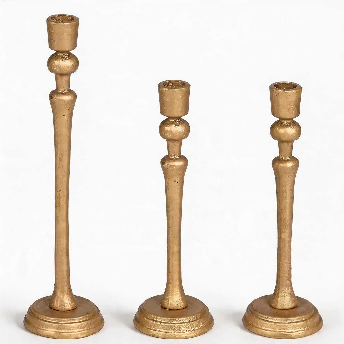Wenbery Gold Candlestick Holders Set of 3, Heavy Cast Iron Candle Holder for Table Centerpiece, Antique Brass Finish