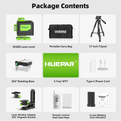Huepar Laser Level 4x360 Self Leveling with 60" Tall Tripod, 4D Green Cross Line Lazer Leveler Tool with Outdoor Pulse Mode, 16 Lines Great for Tiling, Ceiling, Wall Work & DIY Home Renovation