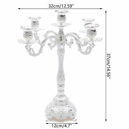 Headery Elegant 14.56”H Mental Tall Candelabra,5 Arm Candle Holder Candlestick Holder, Taper Candle Holder with Three-Dimensional Carving for Wedding Dinner Party Chrismas Ceremony Home Decor(Silver)